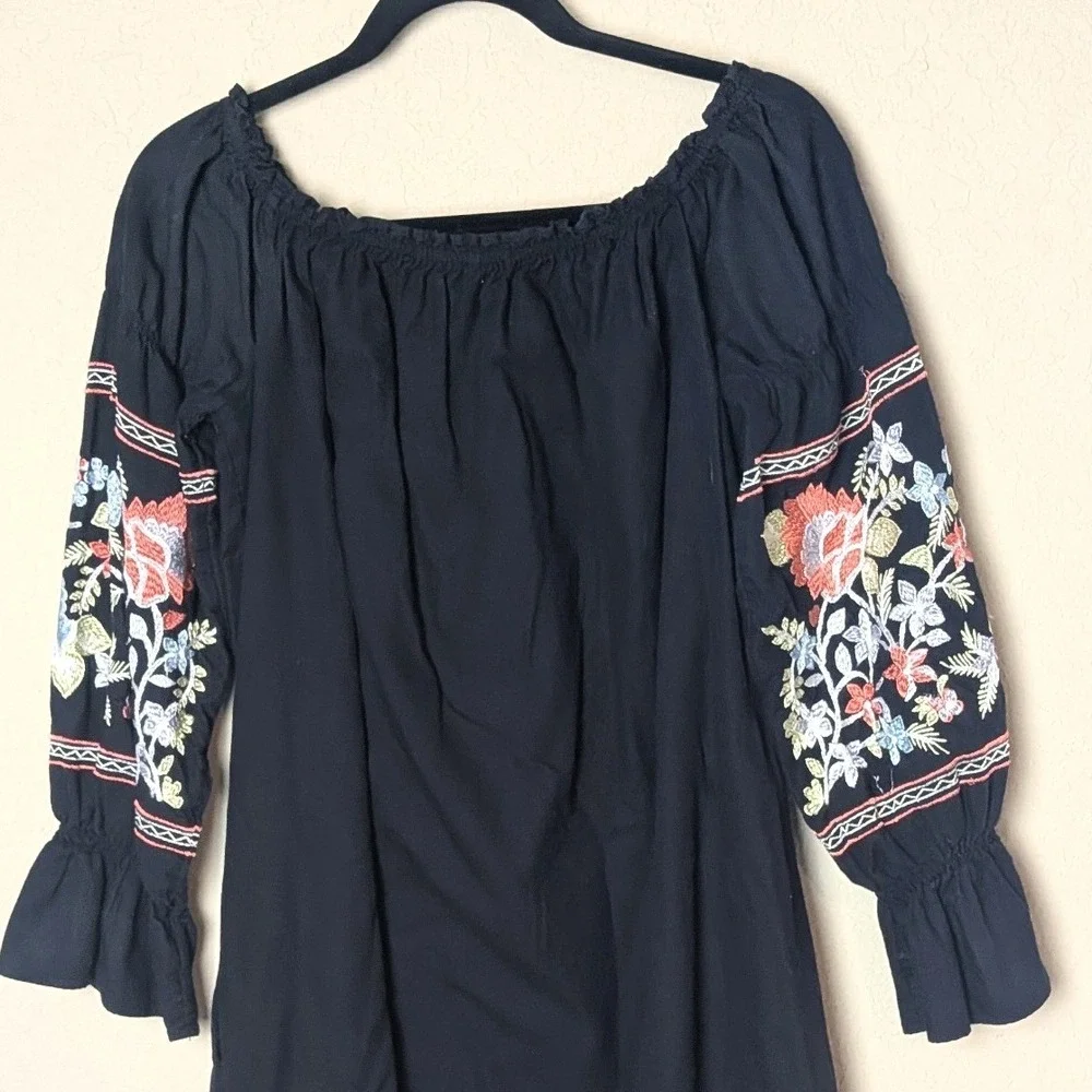Free People Black Embroidered Peasant Tunic Dress Boho Festival Cottagecore Sz L